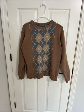 Oscar de la Renta Brown Argyle Crewneck Sweater with Gray and Tan Diamonds